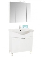 Set mobilier baie cu lavoar GN1531, front MDF cu lavoar ceramic, 80 cm, 3 usi, picioare reglabile cromate, balamale soft close si dulap cu oglinda Cel