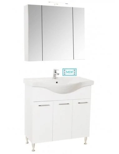 Set mobilier baie cu lavoar GN1531, front MDF cu lavoar ceramic, 80 cm, 3 usi, picioare reglabile cromate, balamale soft close si dulap cu oglinda Cel