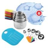 Set cupe și linguri de măsurat GDTLINE&reg;, 13 piese, inox, m&acirc;ner silicon, magnetice, spatulă, capace silicon, pentru bucătărie, tabel standard american