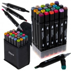 Set 24 markere, 2 capete subtire si gros, cu geanta de depozitare si suport din plastic, multicolore foto