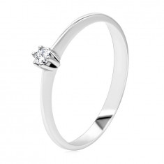 Inel strălucitor din aur alb 585 - brațe subțiri și netede, diamant transparent, în montură - Marime inel: 56