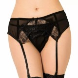 Set Lenjerie Queen Lingerie Tanga si Portjartier Dantela Negru Marime S/M