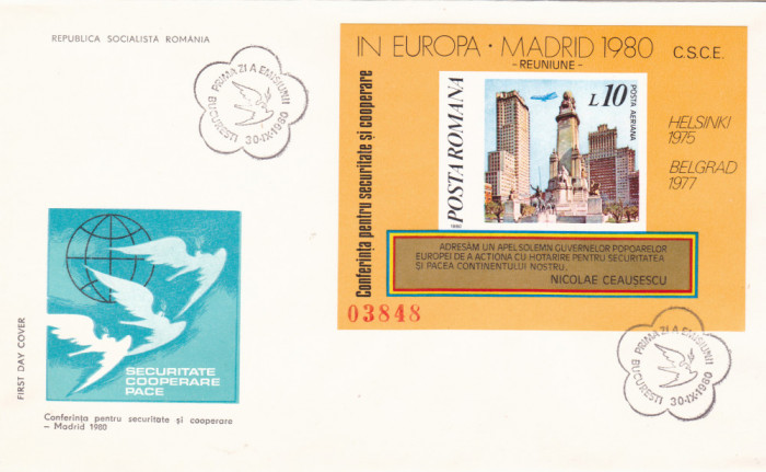 1980 ROMANIA FDC rar cu colita nedantelata Europa conferinta CSCE Madrid