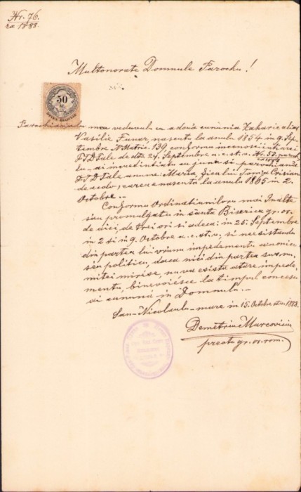 A2516N Licență de căsătorie, 1888, S&acirc;nnicolau Mare, județul Timiș