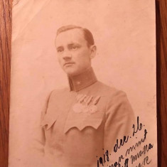 Poza veche cu portret de barbat militar, semnata si cu dedicatie, 1918 dec 26