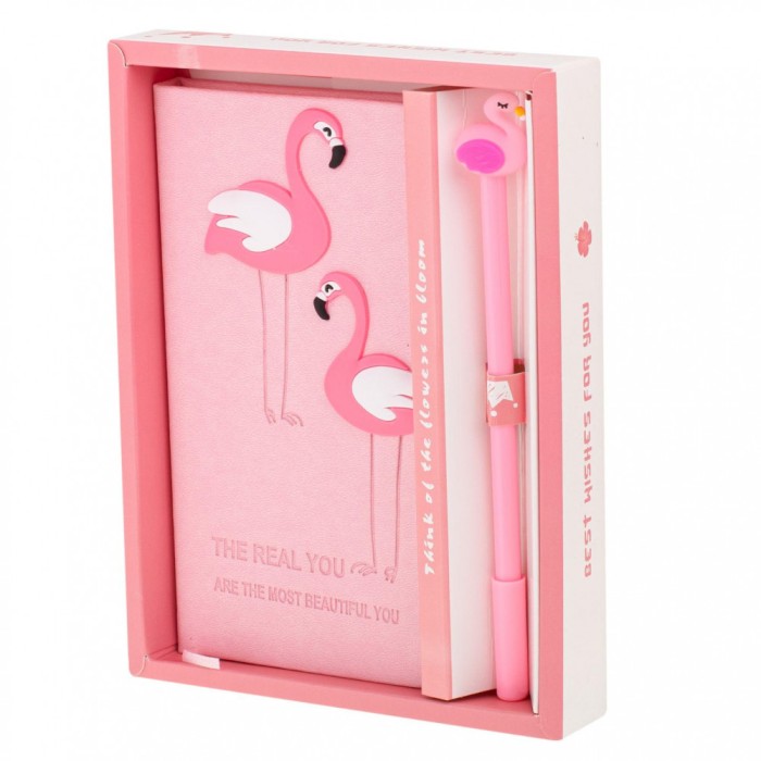 Set Cadou pentru Copii, Caiet cu Flamingo finisat cu piele ecologica + Pix cu Flamingo FAVLine Selection