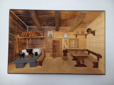 Diorama artizanat tablou din lemn 3d handmade interior bucatarie rustica decor arta traditionala vintage 36cm x 24cm