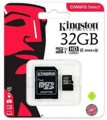 Card de memorie Kingston Canvas Select microSDHC, 32 GB, 80 MB/s Citire, 10 MB/s Scriere, Clasa 10 UHS-I + Adaptor SD foto