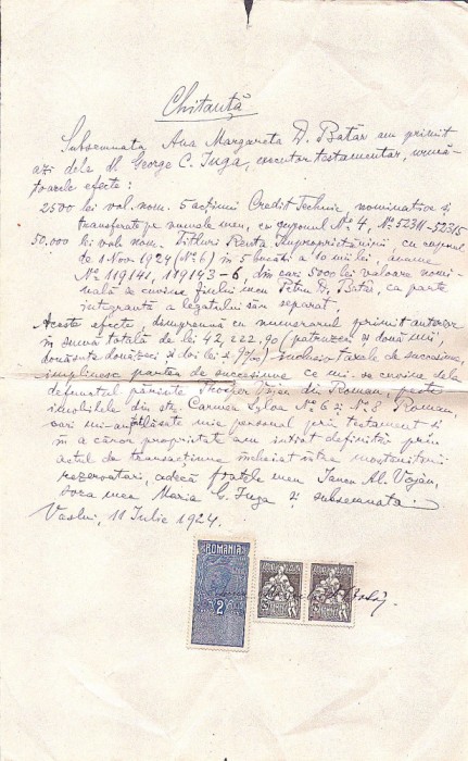 A3058N Chitanță pentru bunurile primite de la executorul testamentar, 1924, Vaslui