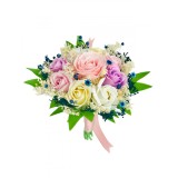 Buchet mic personalizabil cu trandafiri si floarea miresei (Roz, Multicolor)