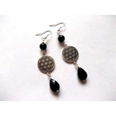 Cercei cu floarea vietii si cristale negre, cercei handmade 40515