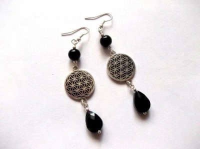Cercei cu floarea vietii si cristale negre, cercei handmade 40515 foto