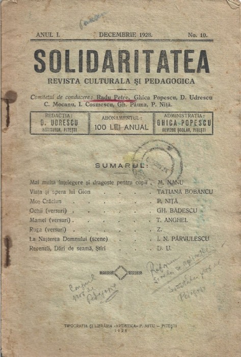 C8951N Solidaritatea, revistă culturală și pedagogică, 10/1928, Pitești
