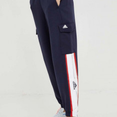 adidas pantaloni de trening femei, culoarea albastru marin, cu imprimeu