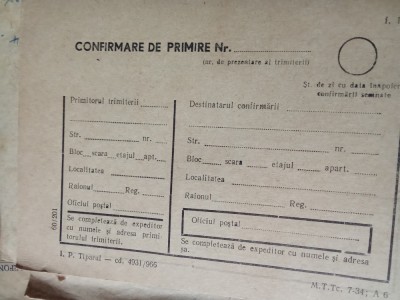 Plic cu Stampila Posta Romana (confirmare de primire 1966) foto