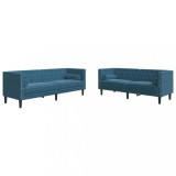 Set canapele Chesterfield perne rulou 2 piese albastru catifea