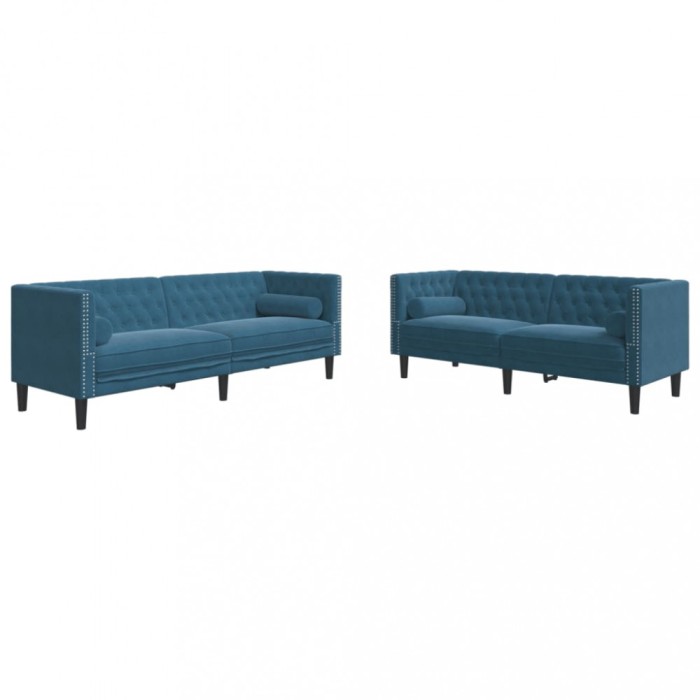 Set canapele Chesterfield perne rulou 2 piese albastru catifea