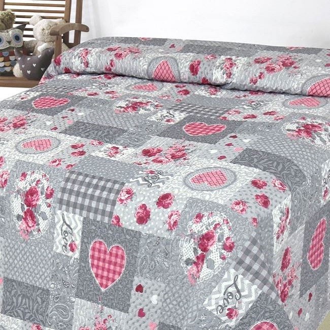 Cuvertura de pat, model floral, King Size, Gri/Roz, 220x240 cm
