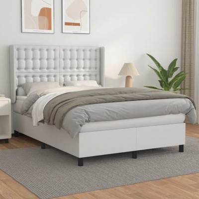 vidaXL Pat box spring cu saltea, alb, 140x190 cm, piele ecologică 3132496 foto