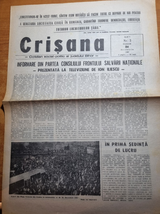 ziarul crisana 24 decembrie 1989-anul 1.nr. 2 -revolutia romana