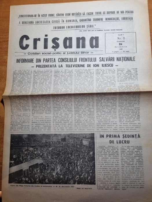 ziarul crisana 24 decembrie 1989-anul 1.nr. 2 -revolutia romana