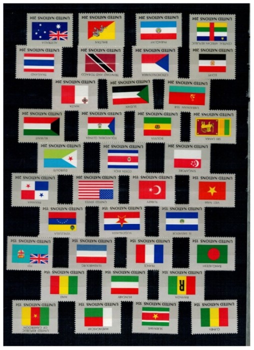 ONU New York 1980-1989 - Colecție timbre seria steaguri, neuzate, in clasor