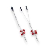 Cleme pentru sf&acirc;rcuri B-SERIES Exclusive Nipple Clamps, design cu țepi și clopoței, argintiu cu roșu (61-00012)