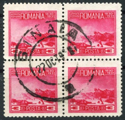1931 , Lp 89 e , Centenarul Armatei , valoarea 3 Lei in bloc de 4 - stampilat foto