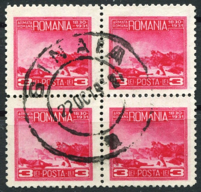 1931 , Lp 89 e , Centenarul Armatei , valoarea 3 Lei in bloc de 4 - stampilat