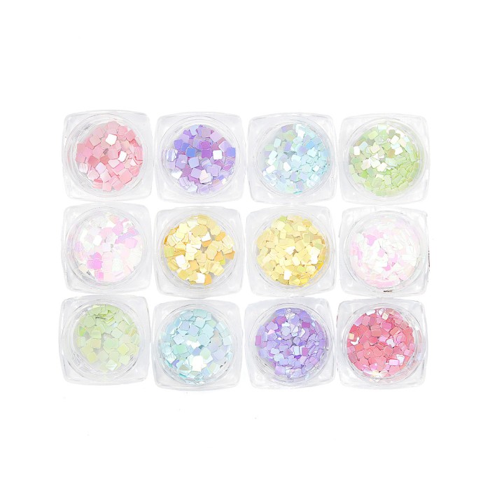 Set 12 paiete decorative unghii, patrate, multicolor