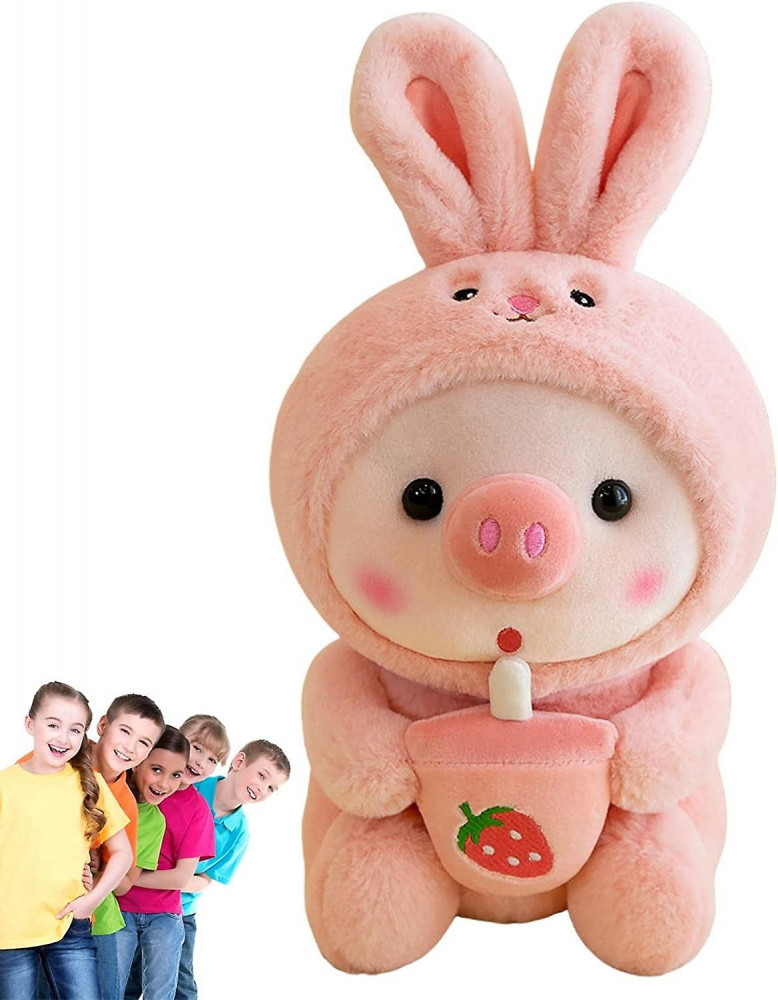 Porcusor deghizat in iepuras cu boba tea de plus pentru copii, 25 cm, roz |  Okazii.ro