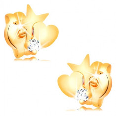 Cercei din aur 585 cu diamant - stea și inimă, diamant rotund, transparent