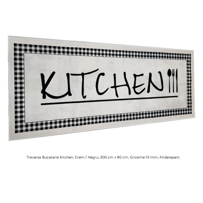 Traversa Bucatarie Kitchen, Crem Negru, 200 cm x 80 cm, Grosime 10 mm, Atiderapant