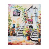 Tablou pictat manual, Acasa in curte - 50x40cm ulei in cutit pe panza de in, efect 3D