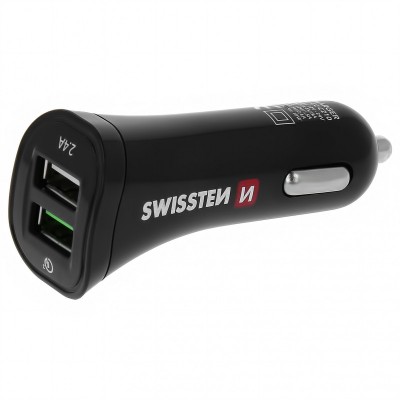 Incarcator Auto cu cablu MicroUSB Swissten Dual, 2 X USB, 18W, Quick Charge, Negru foto