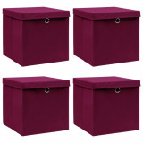 Cutii depozitare cu capac 4 buc. roșu &icirc;nchis 32x32x32cm textil