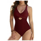 Costum de baie Ekoauer One-Piece pentru femei, cu decolteu &icirc;n V plisat, costum de baie, spate cu legături, controlul abdomenului, costum de baie sexy,