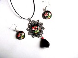 set pandantiv , cercei cu model floral cu lalale rosii 34424