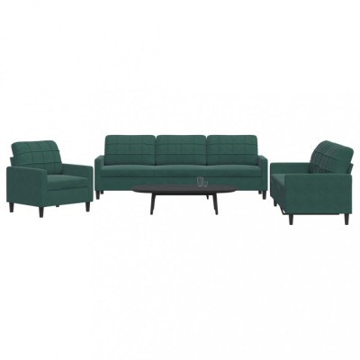 vidaXL Set de canapele cu perne, 3 piese, verde &amp;icirc;nchis, catifea foto