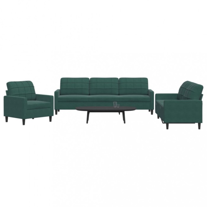 vidaXL Set de canapele cu perne, 3 piese, verde &icirc;nchis, catifea