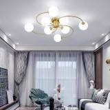 Lustra moderna, 8 brate, globuri albe din sticla, dulie E27, culoare corp auriu, diametru 80CM