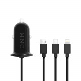 MNC &ndash; Adaptor 3 &icirc;n 1 pentru bricheta auto + USB &ndash; negru