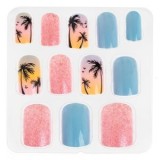 Set Unghii False Pătrate cu Model de Vară Palmieri și Glitter, 12 buc, Roz și Bleu, CMCLASS