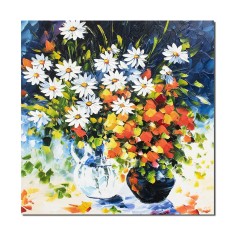 Tablou pictat manual, Vaza cu margarete, 60x60cm ulei pe panza in cutit efect 3D, Valentin Pop