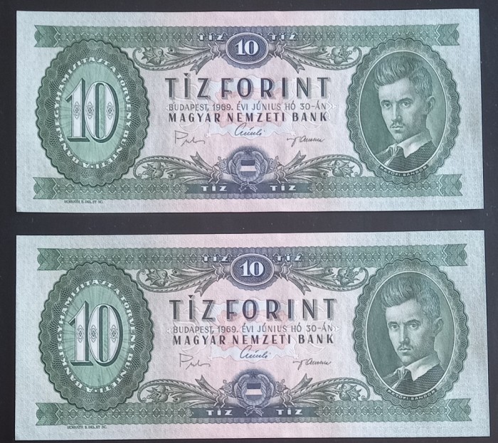 Ungaria, 2 x 10 Forint 1969, Consecutive.