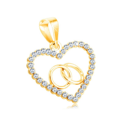 Pandantiv din aur galben de 14K &amp;ndash; conturul inimii, zirconii rotunde transparente, inele care se &amp;icirc;ntrepătrund foto