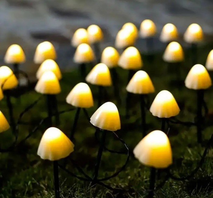 Lumini solare pentru gradina, forma ciuperca, 30 LED, 6 metri, incarcare solara, 8 moduri de iluminare, alb cald