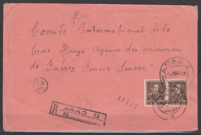 ROMANIA 1943 REGELE MIHAI I UZUALE/PLIC CIRCULAT ARAD-GENEVA CRUCEA ROSIE AGENTIA PRIZONIERILOR DE RAZBOI CENZURAT foto