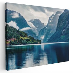 Tablou canvas peisaj Lacul Lovatnet, Norvegia, albastru, verde 1170 Tablou canvas pe panza CU RAMA 20x30 cm