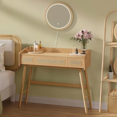 SONGMICS Masuta de toaleta cu oglinda iluminata LED, 3 sertare aspect ratan, stil boho, MDF si lemn, 88x43x82 cm, bej foto